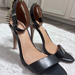 Madewell Black Leather Open-Toe Ankle-Strap Heels with Woven Detail